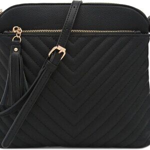 Chevron Quilted Medium Crossbody Bag with Tassel Accent